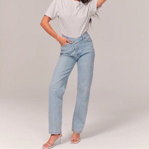 A&F High Rise Dad Jean Light With Criss-Cross Waistband Vintage Stretch Denim